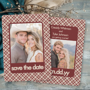 Save The Date Marron Gingham Occidental Rétro Multi Photo