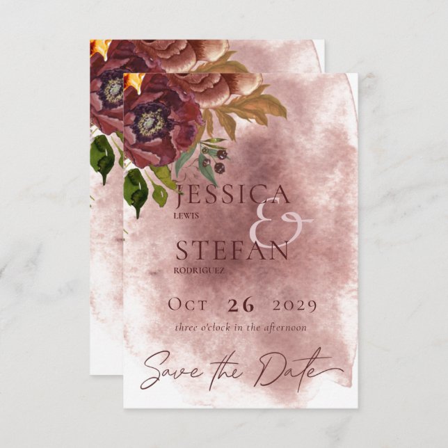 Save The Date Marsala Argile & Bouquet Jaune Mariage (Devant / Derrière)