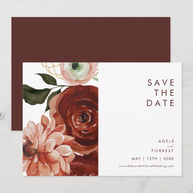 Save The Date Marsala Autumn Floral | Horizontal blanc (Devant / Derrière)