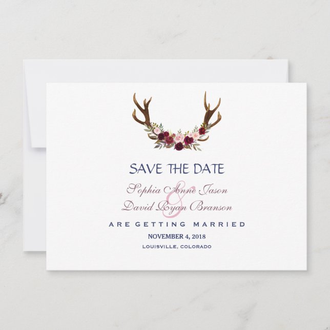 Save The Date Marsala Floral Antlers Marine Bleu Enregistrer La  (Devant)