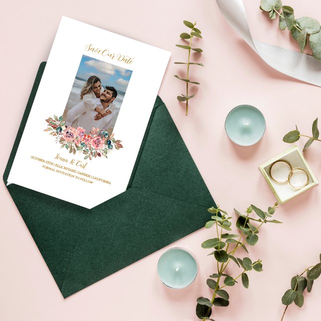 Save The Date MARY Aquarelle Rose Photo Vert Émeraude (Créateur téléchargé)