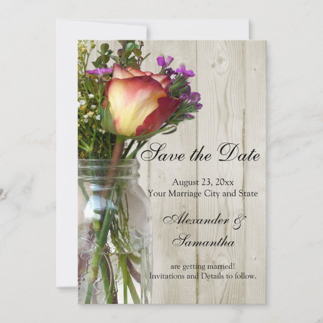 Save The Date Mason Jar avec/Rose/Fleur sauvage Enregistrer la d (Devant)