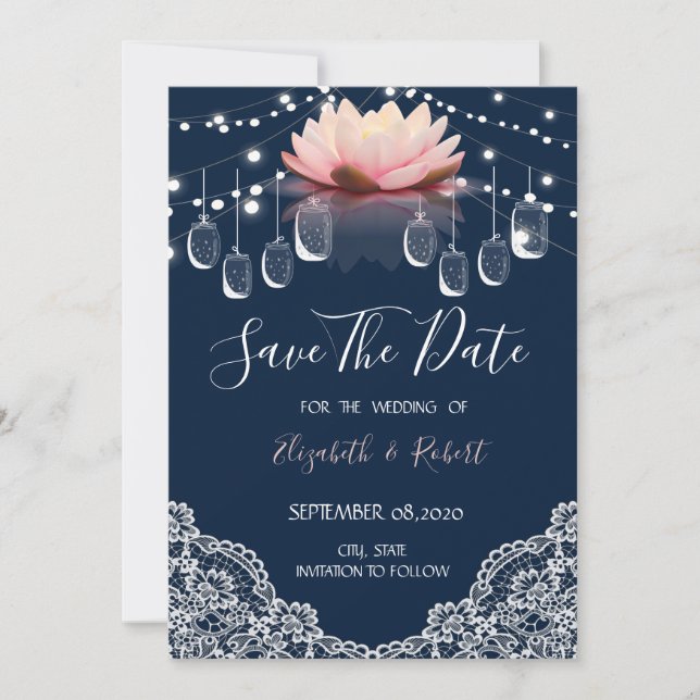 Save The Date Mason Jar, Dentelle, Lotus Navy Bleu Enregistrer L (Devant)