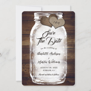 Save The Date Mason Jar éclaire Burlap Hearts Grange Mariage en 