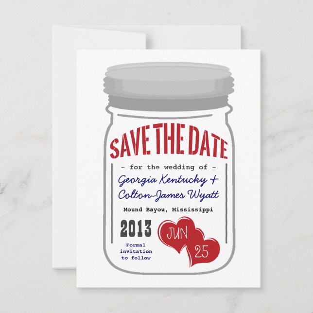 Save The Date Mason Jar Enregistrer la date Rouge Blanc Bleu (Devant)