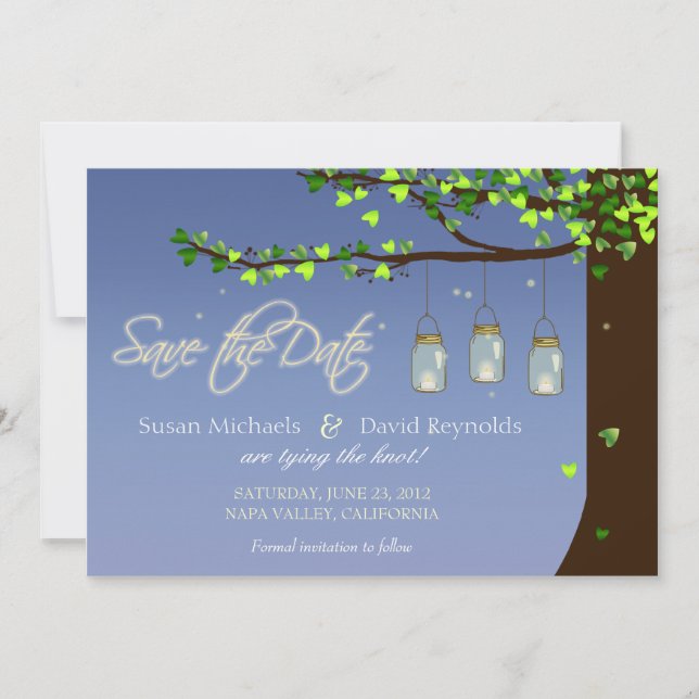 Save The Date Mason Jar Fireflies Chêne Arbre Enregistrer la dat (Devant)