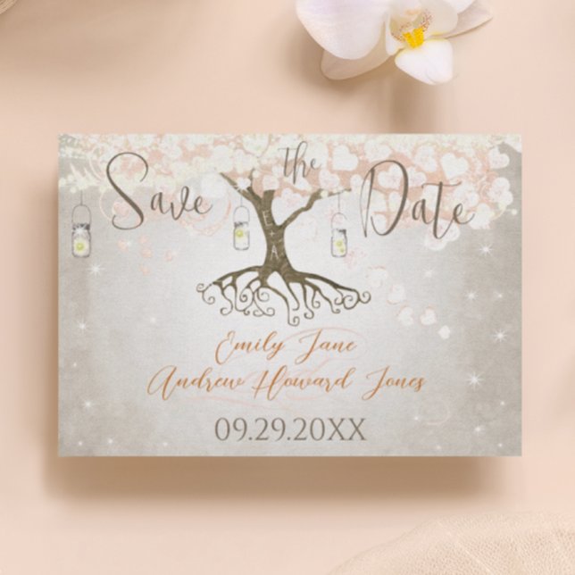 Save The Date Mason Jar Peachy Pink Heart Leaf Tree (Créateur téléchargé)