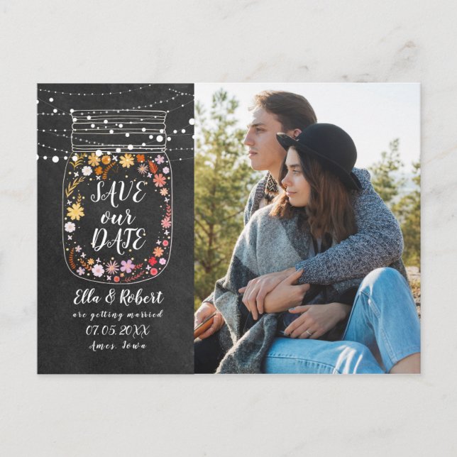 Save the Date Mason Jar String Lights Boho Photo Announcement Postcard (Front)