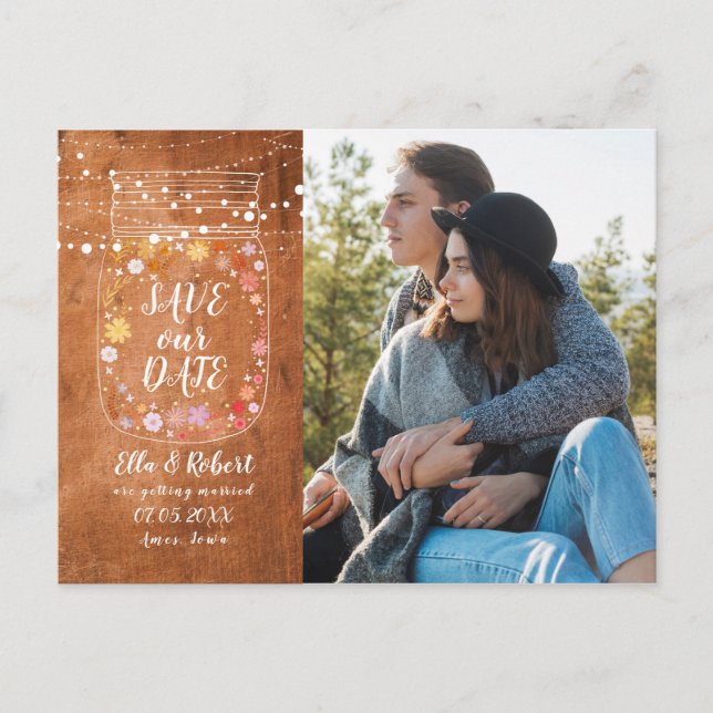 Save the Date Mason Jar String Lights Rustic Photo Announcement Postcard (Front)