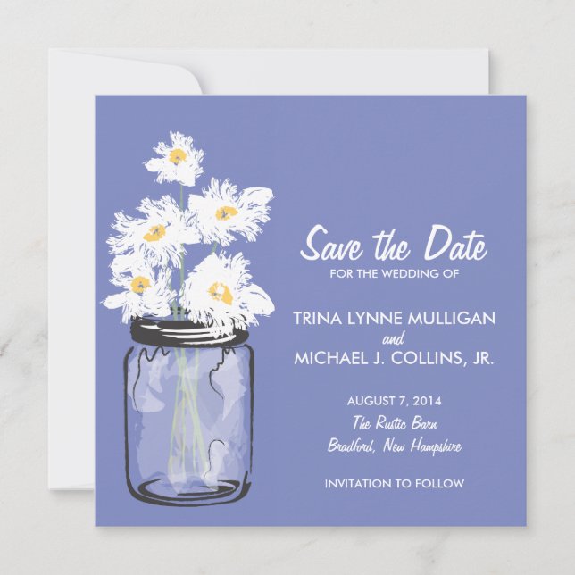 Save The Date Mason Jar & White Daisies Enregistrer la date (Devant)