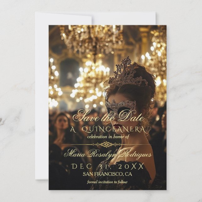 Save the Date Masquerade Quinceanera Photo Invitation (Front)