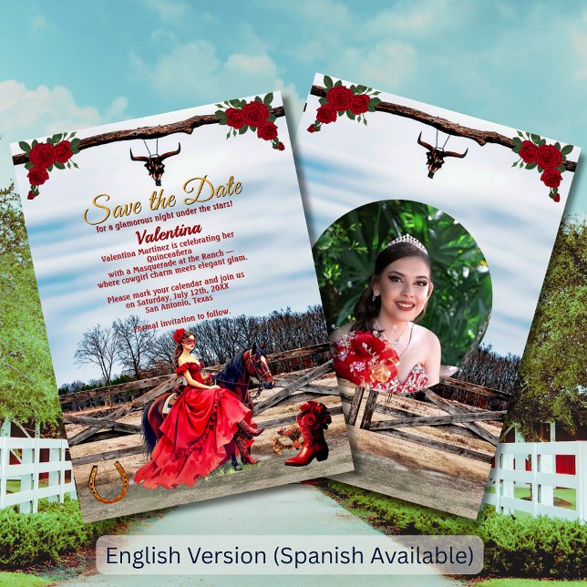 Save The Date Masquerade Ranch Quinceañera Photo personnalisée N (Masquerade Ranch Quinceañera Custom Photo & Name Save The Date)