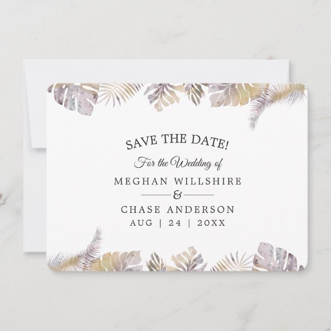 Save the Date Mauve Gold Watercolor Tropical Leave (Front)