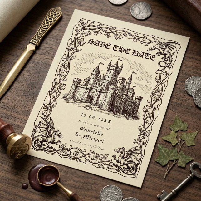 Save The Date Medieval Castle Sepia Illustration Wedding (Créateur téléchargé)