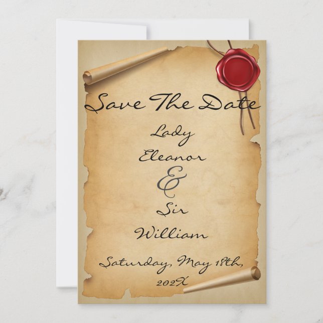 Save The Date Medieval Parchment Scroll Red Seal (Front)