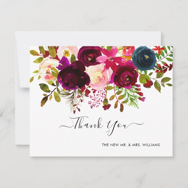 Save The Date Merci de bouquet d'aquarelle marine+Bourgogne (Devant)