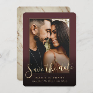 Save The Date Merlot Vin Rouge Or Script & Marble Photo Overlay