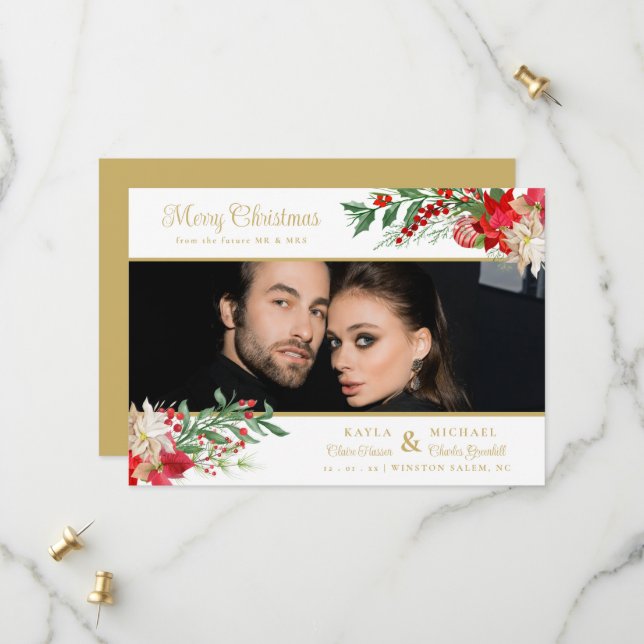 Save The Date Merry Christmas Poinsettias Garland Photo Wedding (Devant/Arrière en situation)