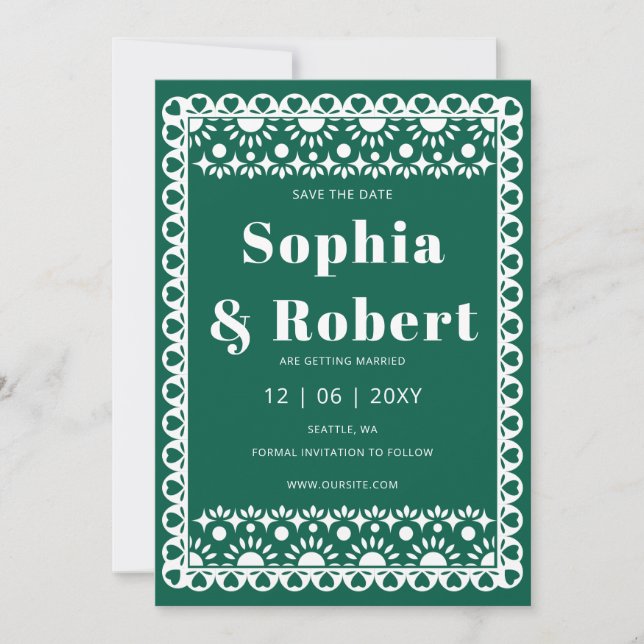 Save The Date Mexique Fiesta Emerald Papel Picado Boho Mariage (Devant)