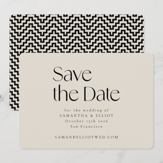 Save The Date Mi-siècle Moderne Elégant Géométrique Noir Ecru (Devant / Derrière)