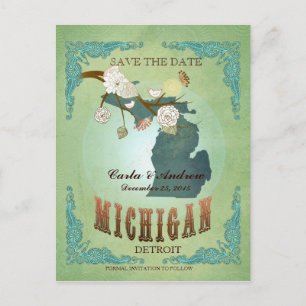 Save The Date - Michigan Map With Lovely Birds Announcement Postcard