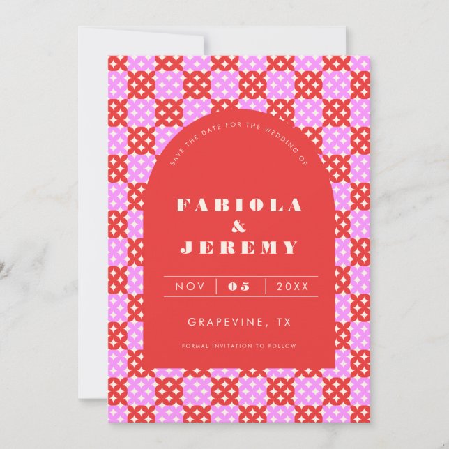 Save The Date Mid Century Moderne Rétro Rouge et Mariage d'arche (Devant)