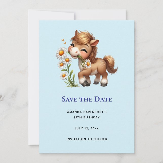 Save The Date Mignonne Pony Mange Manger Des Marguerites (Devant)