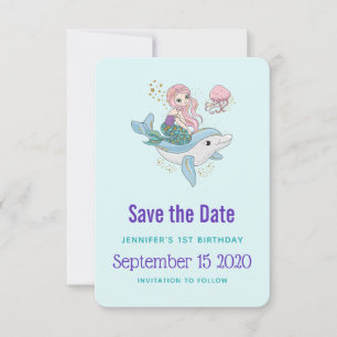 Save The Date Mignonne Sirène à cheval sur un dauphin Anniversai