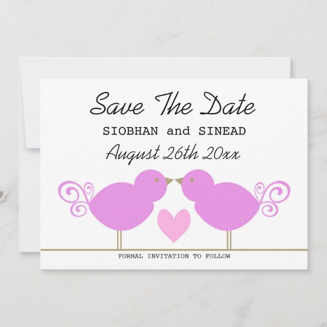 Save The Date Mignons Oiseaux Roses Mariage Lesbien Enregistrer  (Devant)