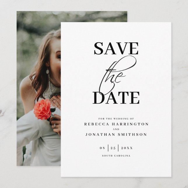 Save The Date Miniature Élégante Photo Mariage noir blanc (Devant / Derrière)