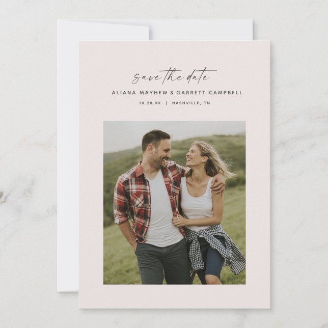 Save The Date Miniature moderne script rose pâle photo (Devant)