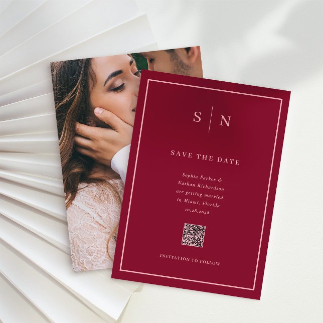 Save The Date Minimal et chic | Burgundy Photo QR Code Mariage (Créateur téléchargé)