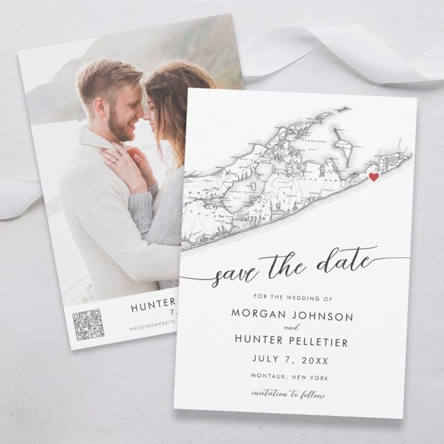 Save The Date Minimal moderne Gurney's Montauk Resort Mariage (Gurneys Montauk Wedding Save the Date in minimal modern black and white  by Coastal Map designs)