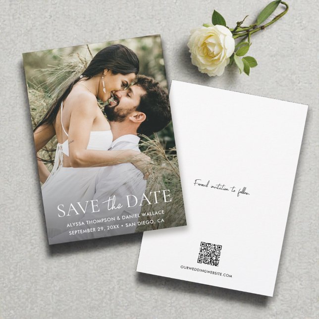 Save The Date Minimal une photo moderne code QR site mariage (Simple, modern wedding, photo save the date with QR code and website cards.)