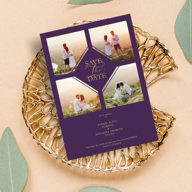 Save The Date Minimal Wedding Purple & Gold 4-Photos Collage (Minimal Wedding Purple & Gold 4-Photos Collage Save the date Card.)