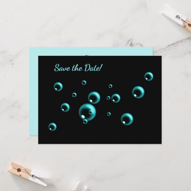 Save the Date Minimalist Aqua Blue Bubbles Card (Front/Back In Situ)