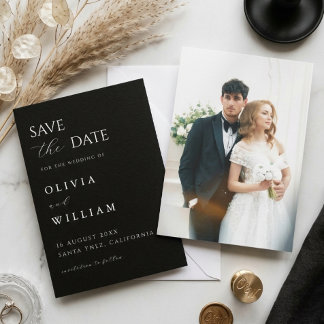 Save The Date Minimalist Black & White Elegant Photo Wedding 