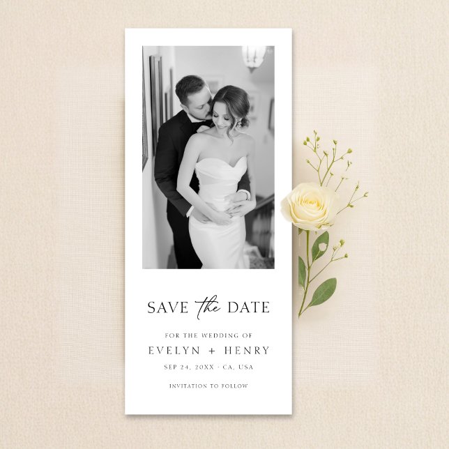 Save The Date Minimalist Elegant Script Black and White Photo (Créateur téléchargé)