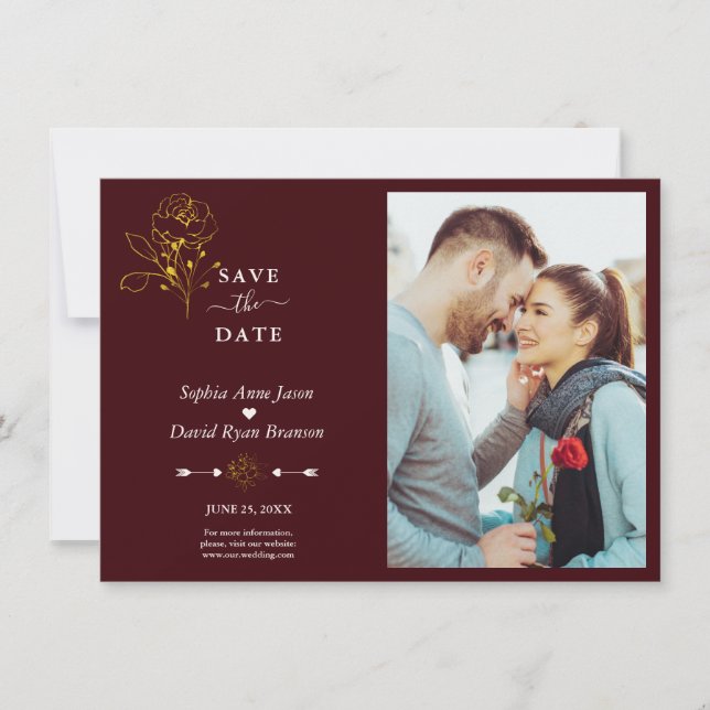 Save The Date Minimalist Gold Floral Deep Burgundy Photo Wedding (Devant)
