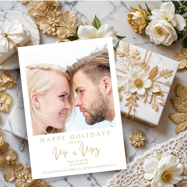 Save The Date Minimalist Gold MR & MRS & Happy Holidays Quotes (Minimalist Faux Gold MR & MRS & Happy Holidays Quotes Christmas Card with Envelope. )