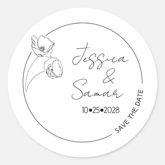 Save The Date Minimalist Poppy Wedding Classic Round Sticker (Front)