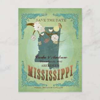 Save The Date - Mississippi Map With Lovely Birds Announcement Postcard