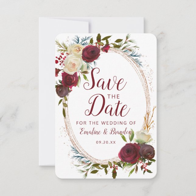 Save The Date Mistletoe Manor Aquarelle Lush Hiver Cadre ovale (Devant)