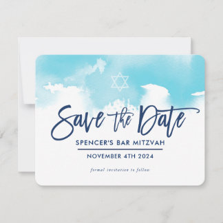 SAVE THE DATE MITZVAH modern aqua blue watercolor