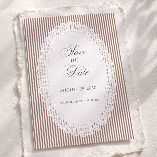 Save The Date Mocha Brown French Stripe Lace Wedding (Créateur téléchargé)