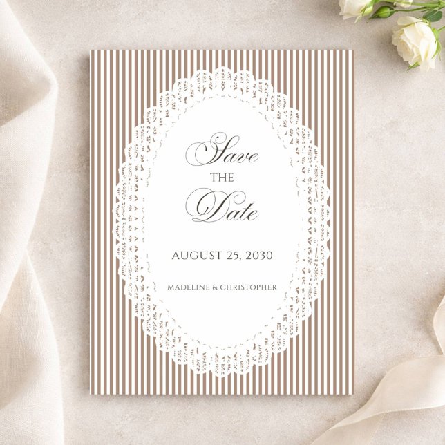 Save The Date Mocha Brown Stripe Lace Doily Wedding (Créateur téléchargé)