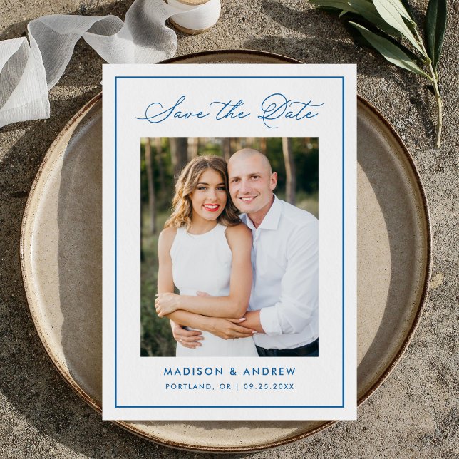 Save The Date Modern Blue Border Script Photo Wedding (Créateur téléchargé)