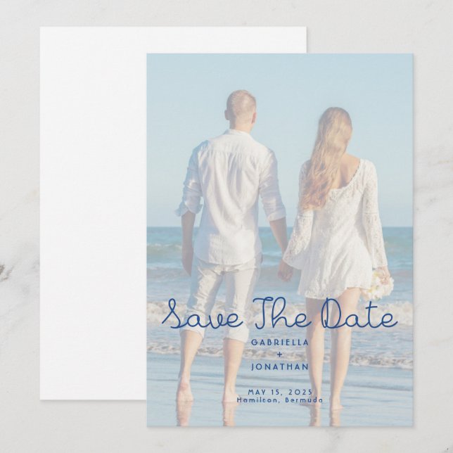 Save The Date Modern Blue Handwritten Wedding Photo  (Devant / Derrière)