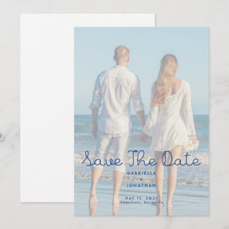 Save The Date Modern Blue Handwritten Wedding Photo