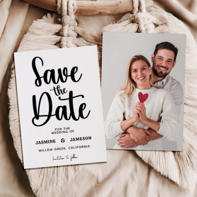 Save The Date Modern Bold Casual Red Script Photo Wedding Retro (Créateur téléchargé)
